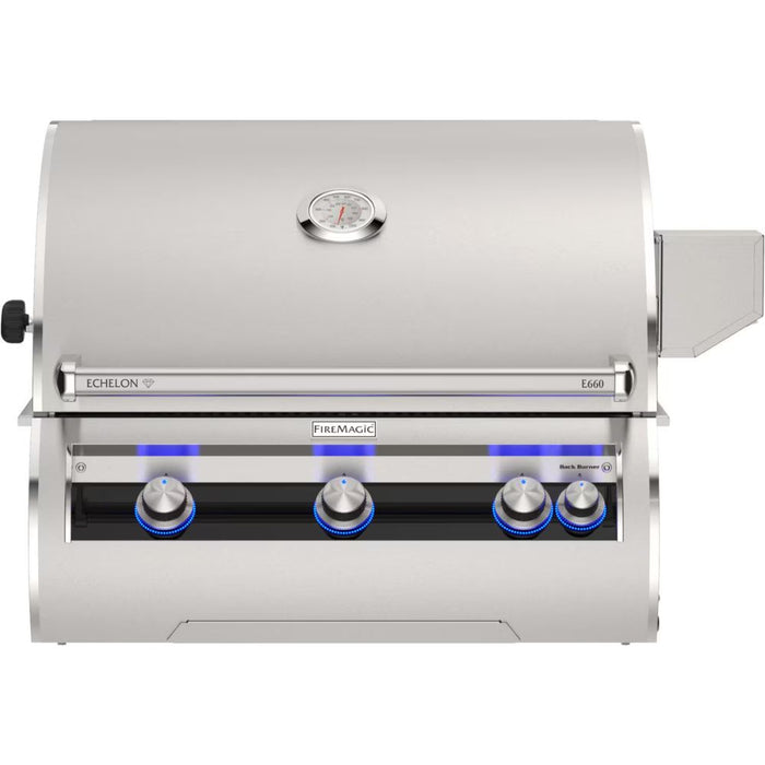 Fire Magic Echelon Diamond E660i 30-Inch Built-in Gas Grill w/ Rotisserie, left side infrared Burner & Analog Thermometer