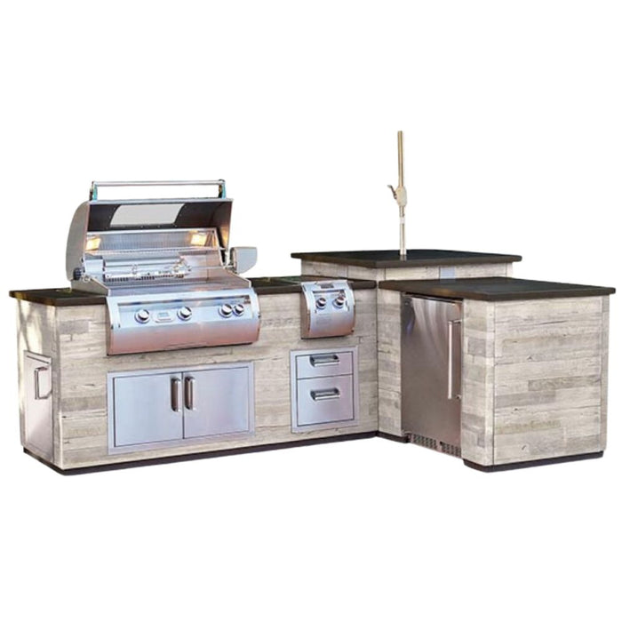 Fire Magic L Shaped Reclaimed Wood Outdoor Kitchen Island w/ Refrigerator Cut-out