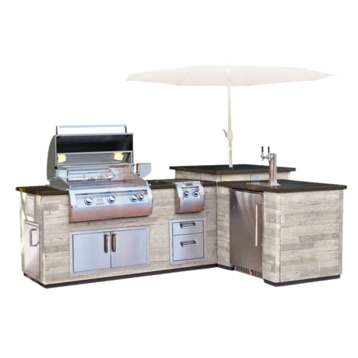 Fire Magic L Shaped Reclaimed Wood Outdoor Kitchen Island w/ Kegerator Cut-out