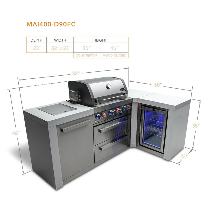 Mont Alpi MAi400-D90FC Propane 4-Burner Deluxe Island with 90-Degree Corner & Fridge Cabinet