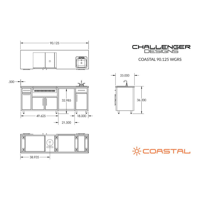 Challenger Designs Coastal 93.125 WGRS Powder Coated Aluminium Kitchen Island for 32 Inch Gas Napoleon Grill with Refrigerator Opening