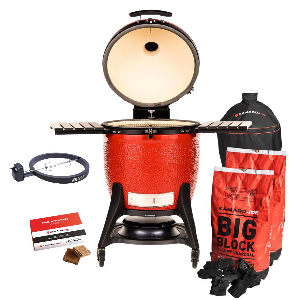 Kamado Joe Big III Bundle w/ Grill, Cart, Cover, JoeTisserie, 2 Bags Lump Charcoal & Firestarter