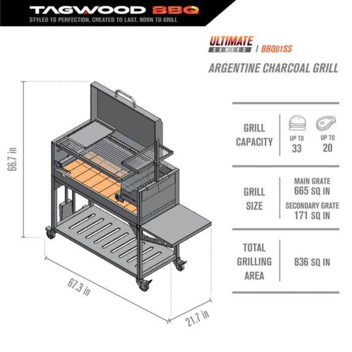 Tagwood BBQ01SS Freestanding Argentine Grill with Lid Stainless Steel