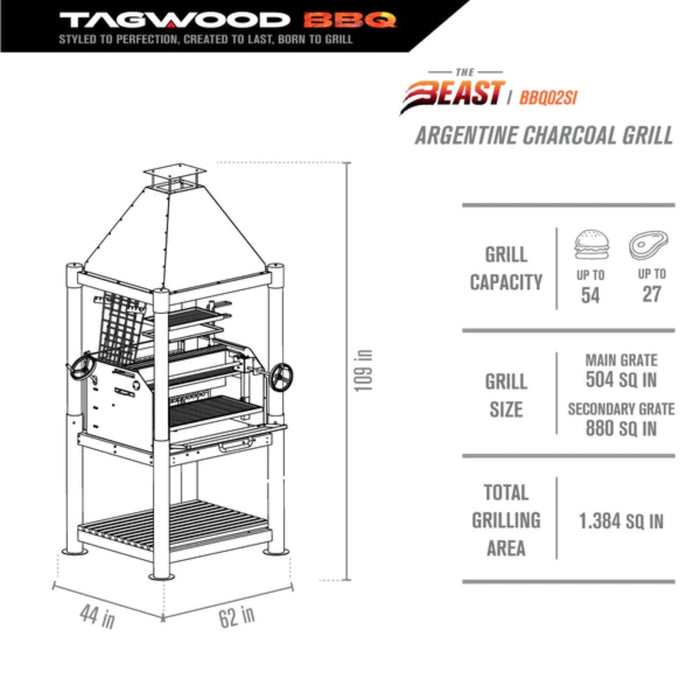Tagwood BBQ02SI Premium Freestanding Santa Maria Argentine Grill - "The Beast"