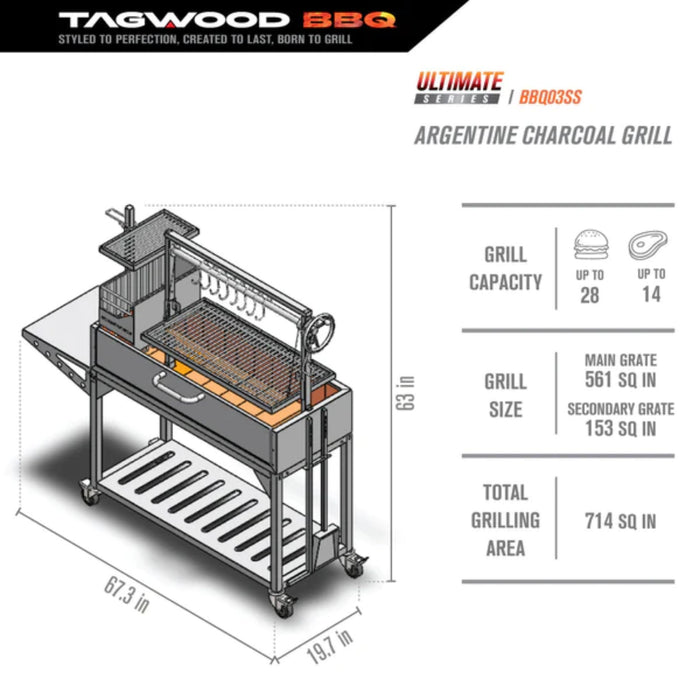 Tagwood BBQ03SS Freestanding Santa Maria Argentine Grill With 6" Casters