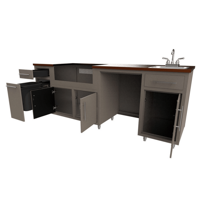 Challenger Designs Coastal 90.125 WGRS Powder Coated Aluminium Kitchen Island for 32 Inch Gas Grill with Refrigerator Opening and Sink Base