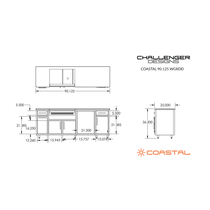 Challenger Designs Coastal 90.125 WGRDD Powder Coated Aluminium Kitchen Island for 32 Inch Gas Grill with Refrigerator Opening