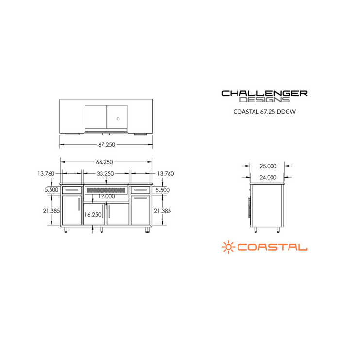 Challenger Designs Coastal 67.25 DDGW Powder Coated Aluminium Kitchen Island for 32 Inch Gas Grill