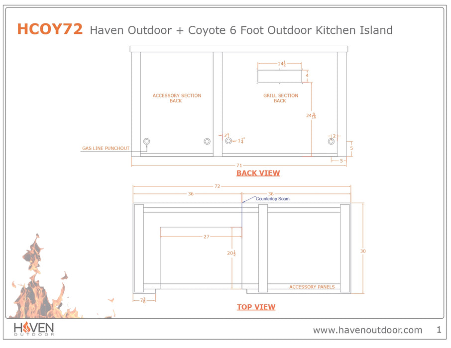 Haven 72-Inch Outdoor Kitchen Island with 2 Drawer Cabinet, Gas Grill & Double Access Door