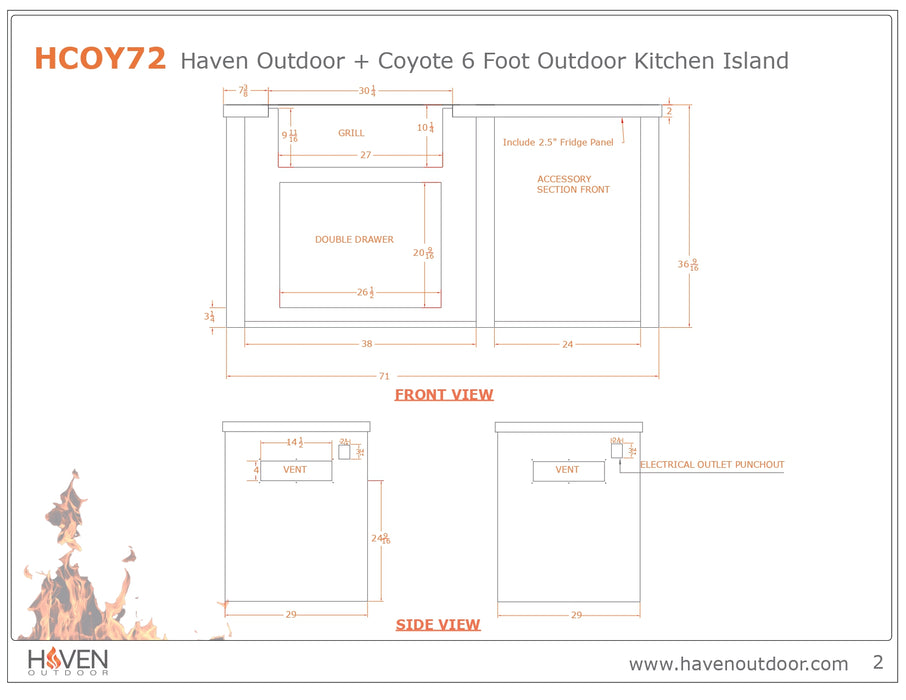 Haven 72-Inch Outdoor Kitchen Island with 2 Drawer Cabinet, Gas Grill & Double Access Door