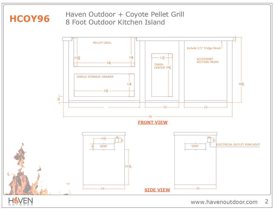 Haven 96-Inch Outdoor Kitchen Island with 36-Inch Pellet Grill & 2 Drawer Cabinet Cutouts