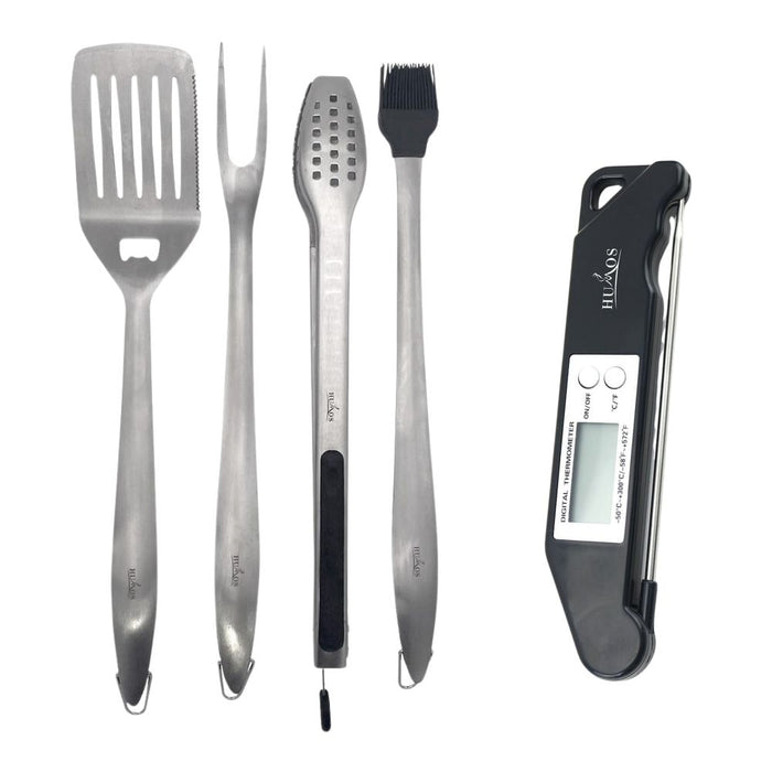 Humos Premium BBQ 4 Piece Stainless Steel Tool Set & Meat Thermometer Bundle