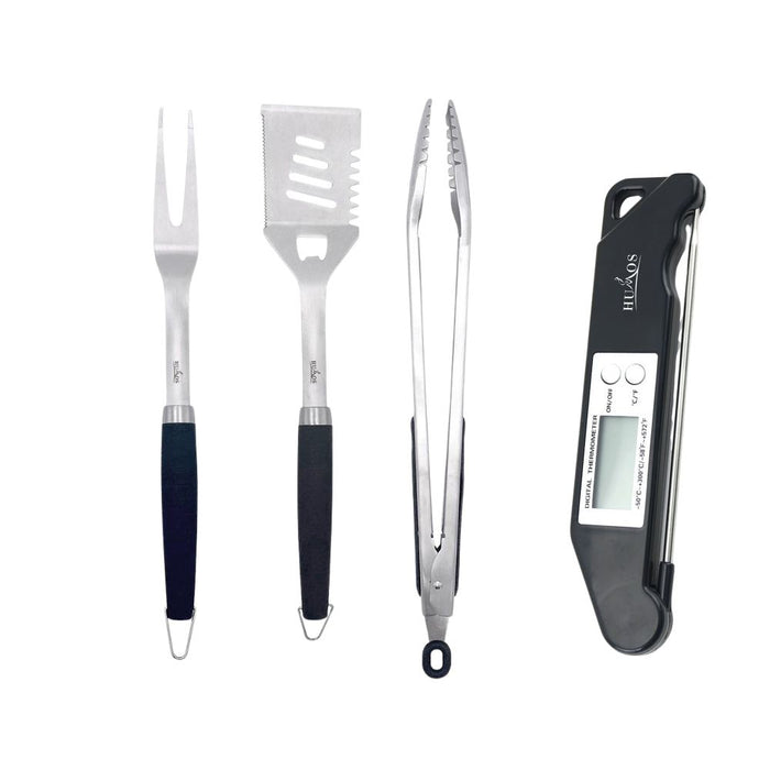 Humos Premium BBQ 3 Piece Stainless Steel Tool Set & Meat Thermometer Bundle